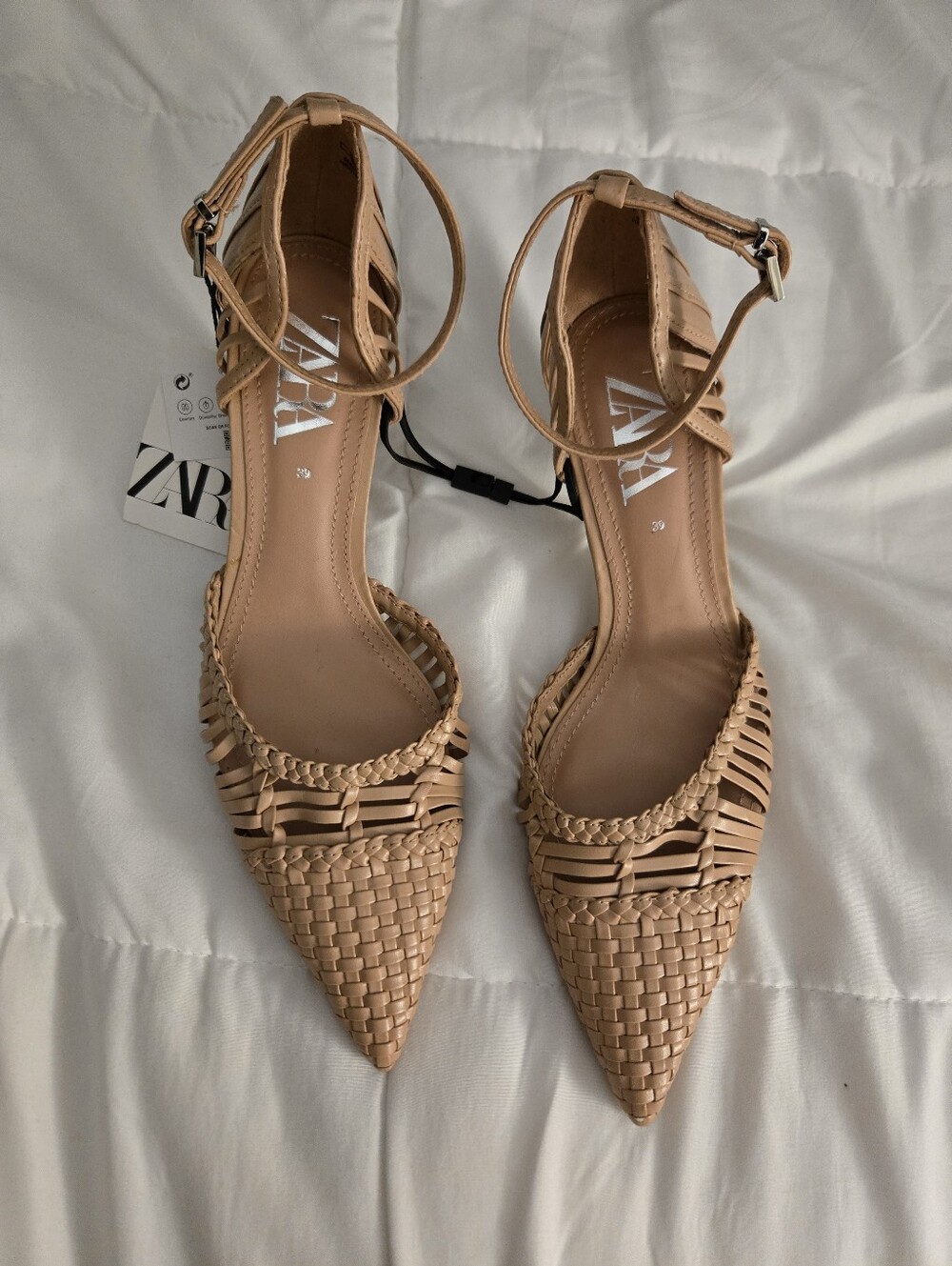Zara Tan Woven Pointed Ankle-Strap Flats NWT Size 8